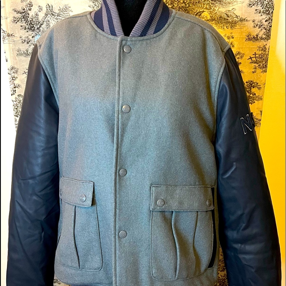 NIKE Mens WOOL/LEATHER BOMBER JACKET Gray/Blue Wool and Navy Blue Sleeves Sz LG - Picture 4 of 9